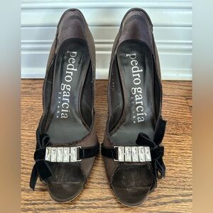 Pedro Garcia Peep-Toe Satin Heels with Velvet Bow & Crystal Embellishment